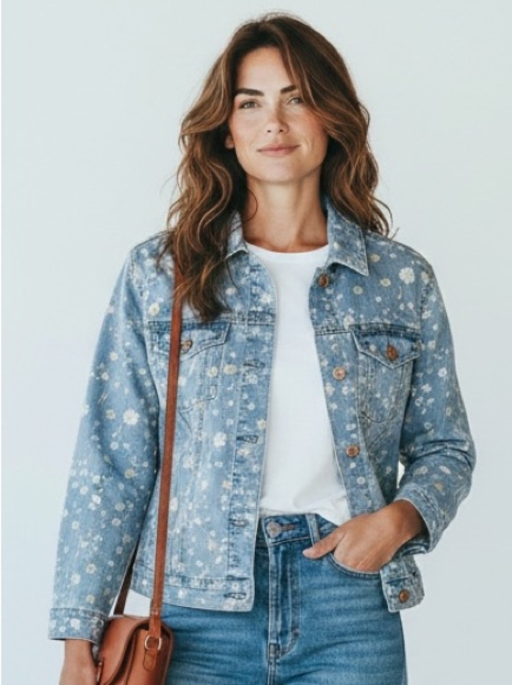 NWT Seven7 Floral Denim Jacket Light Wash Daisy Print Women’s L